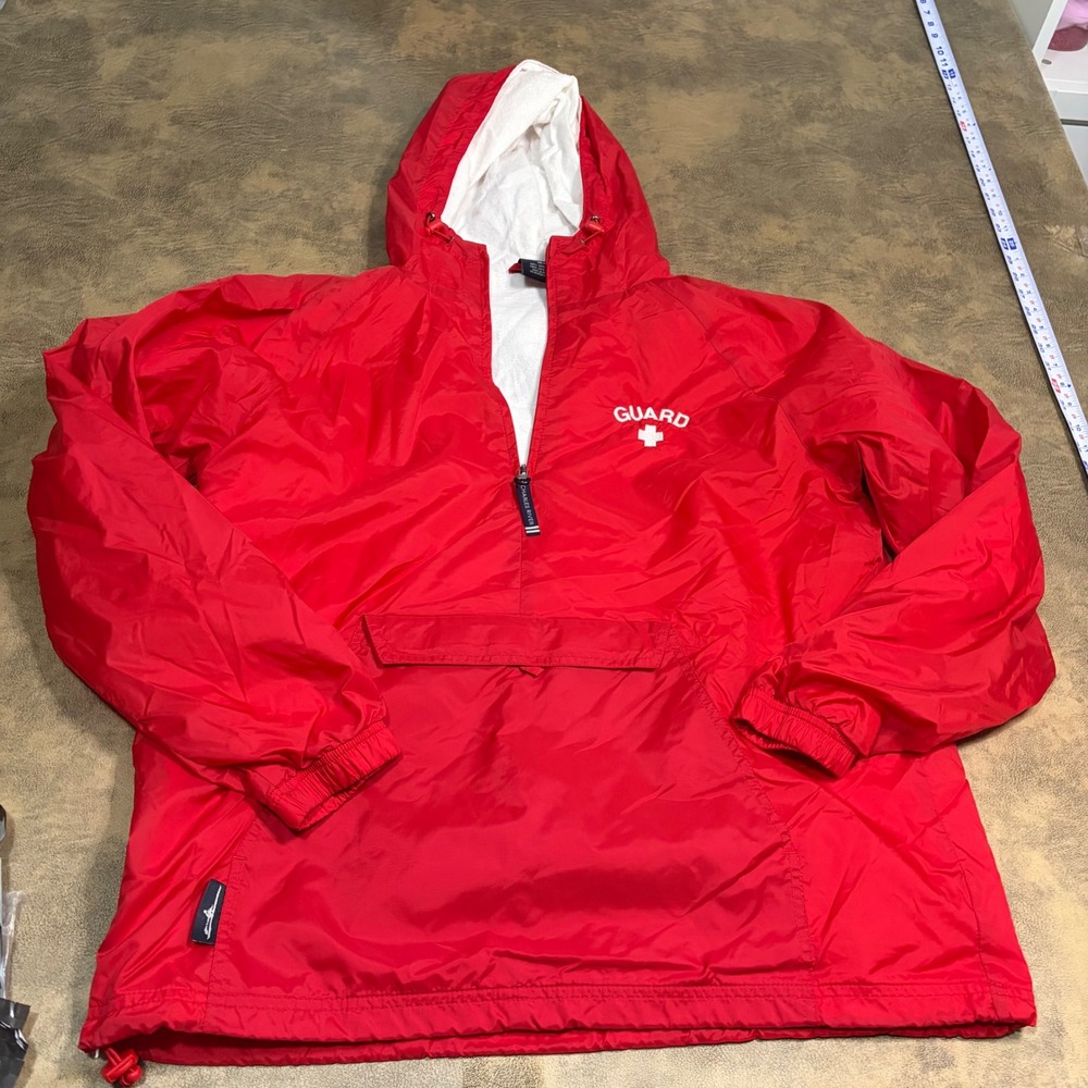 Charles River Windbreaker Pullover Mens M Red Guard Lifeguard Anorak Jacket
